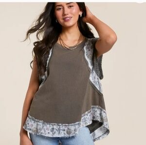 Floral Cotton Crochet Tunic Raw Edge Boho Pieced Size L